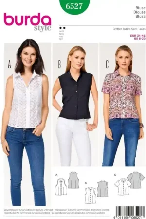 Veilige Betaling Blouse , Shirt Collar , Stand Collar , Sleeve Bands, Burda 6527, Dui/En/Fr