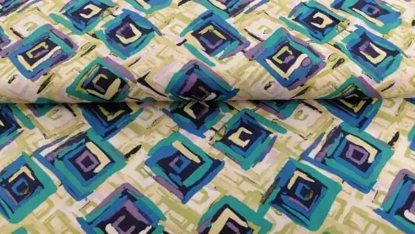 Geweven viscose met abstracte ruiten | blauw-wit-groen Alleen Vandaag