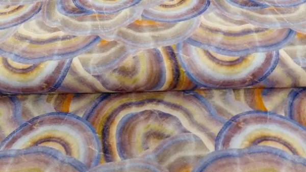 Direct Verzonden Viscose tricot stretch stof \\u201cRegenbogen & halve cirkels\\u201d \\u2013 lila, paars, oranje, beige