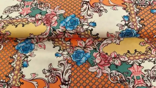 Aanbieding Viscose Chally Stof \\u2013 Bloemenprint in Oranje, Groen, Blauw & Ecru \\u2013 100% Viscose