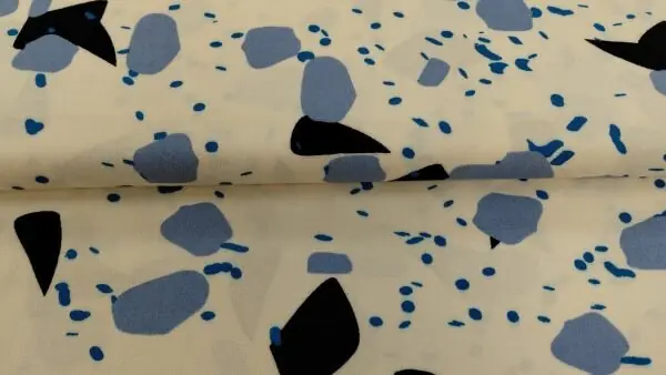 Fibre Mood Crepe Stof met Dots \\u2013 Ecru & Blauw \\u2013 100% Viscose Seizoensaanbieding