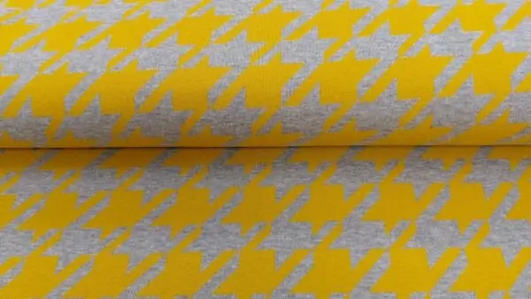 Premium Jacquard Pied de Poule Stof \\u2013 Lichtgrijs & Okergeel \\u2013 150 cm Breed \\u2013 Stretch \\u2013 90% Katoen