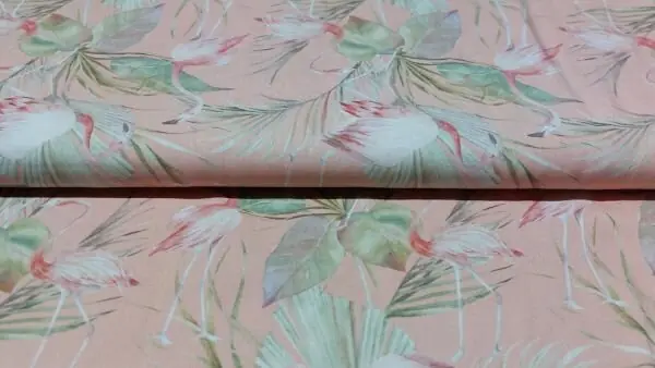 Roze groene viscose stof met flamingo\\u2019s en tropische planten Voordeelprijs