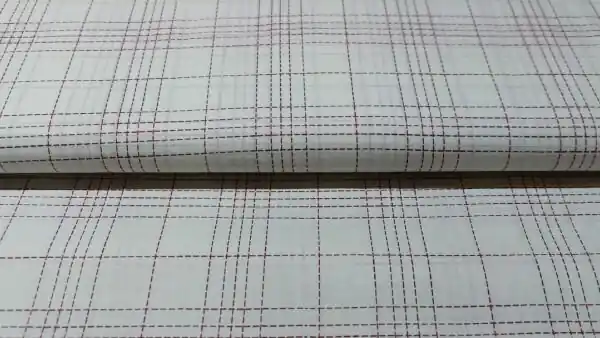 Voile katoen ecru met donker rood onderbroken ruitjespatroon Laatste Versie