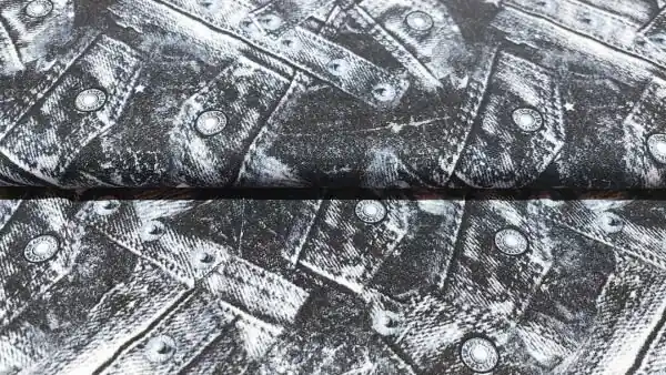 Zwarte viscose jersey modestof met prints van jeans zakken Snelle Levering