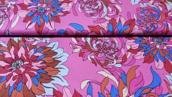 Viscose Jersey Stretch Stof met Bloemen in Fuchsia, Rood, Blauw en Bruin Op = Op