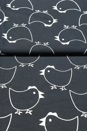 Zwart witte katoen tricot met kippen Express Levering