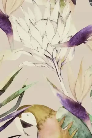 Uitverkoop Taupe viscose tricot stof met geschilderde papegaaien